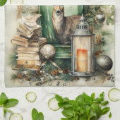 グリーンヴィンテージランタンスタグブックスクリスマス キッチンタオル (折り畳み)