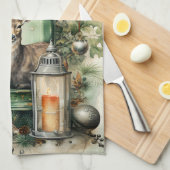 グリーンヴィンテージランタンスタグブックスクリスマス キッチンタオル (四つ折り)