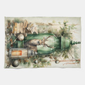 グリーンヴィンテージランタンスタグブックスクリスマス キッチンタオル (横)