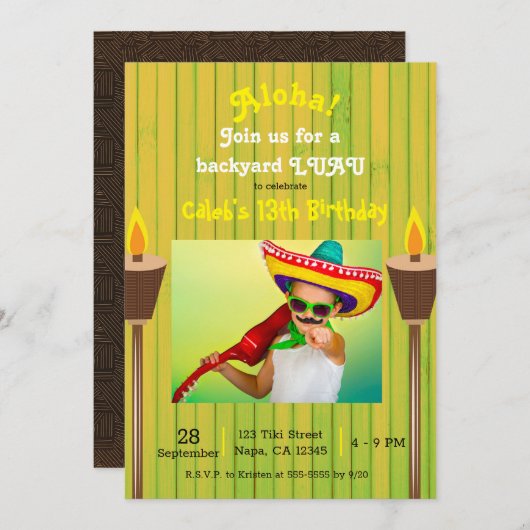 グリーンヴィンテージレトロサマーパーティールアウ(ハワイ式宴会)誕生日 招待状 (正面/裏面)