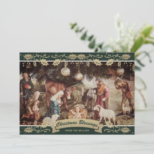 グリーンヴィンテージ出生シーンクリスチャンクリスマス シーズンカード (スタンド正面)