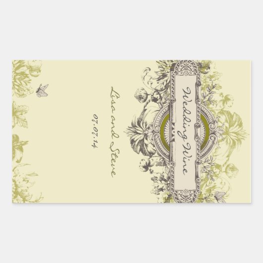 グリーンヴィンテージ結婚フローラのワインシール 長方形シール (正面)
