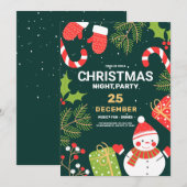 グリーンヴィンテージ雪だるまクリスマスパーティー、 クリスマス 招待状 (正面/裏面)