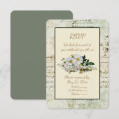グリーンヴィンテージ レター フレームとホワイトローズ 出欠カード (正面/裏面)