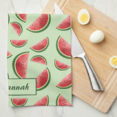 グリーン上のスイカ果実模様名前をカスタムする キッチンタオル (四つ折り)