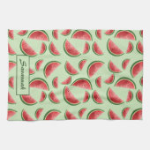 グリーン上のスイカ果実模様名前をカスタムする キッチンタオル (横)