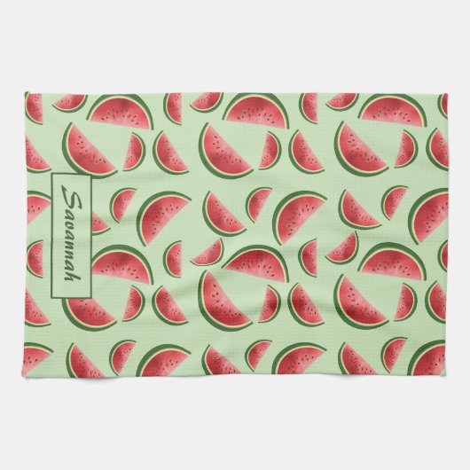 グリーン上のスイカ果実模様名前をカスタムする キッチンタオル (横)