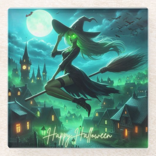 グリーン不気味オーラハロウィーンウィッチ ガラスコースター (正面)
