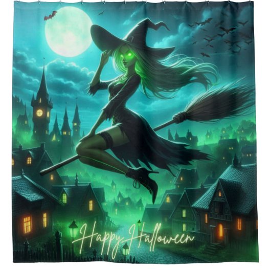 グリーン不気味オーラハロウィーンウィッチ シャワーカーテン (正面)