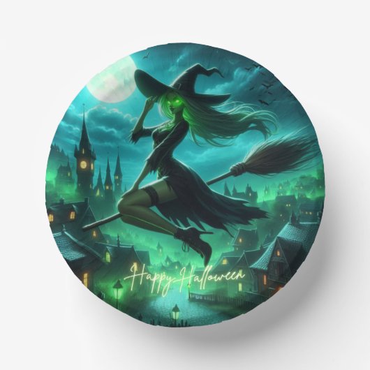 グリーン不気味オーラハロウィーンウィッチ ペーパーボウル (正面)