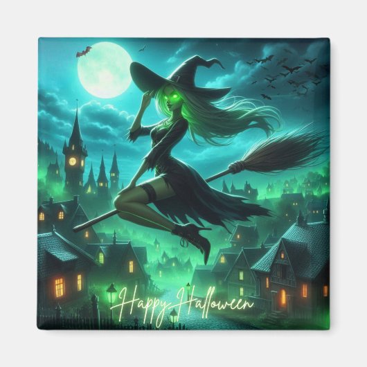グリーン不気味オーラハロウィーンウィッチ マグネット (正面)
