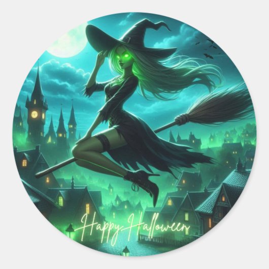 グリーン不気味オーラハロウィーンウィッチ ラウンドシール (正面)