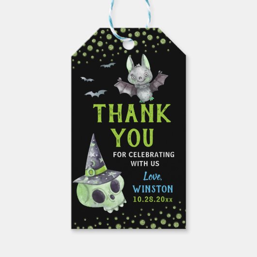 グリーン不気味スカルベットハロウィンサンキュー ギフトタグ (正面)