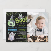 グリーン不気味スカルボーイハロウィーン誕生日写真 招待状 (正面)