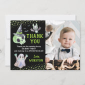 グリーン不気味ボーイハロウィーン写真サンキューカード 招待状 (正面)