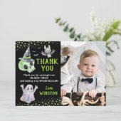 グリーン不気味ボーイハロウィーン写真サンキューカード 招待状 (スタンド正面)