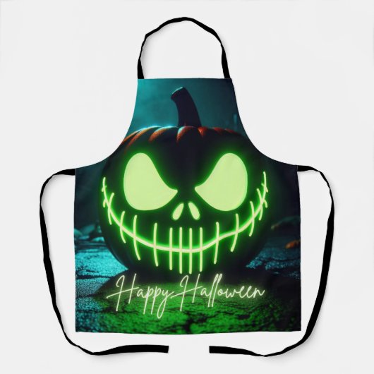 グリーン不気味白熱［赤熱］光を放つハロウィーンカボチャ エプロン (正面)