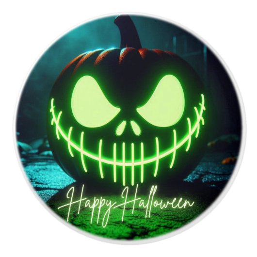 グリーン不気味白熱［赤熱］光を放つハロウィーンカボチャ セラミックノブ (正面)