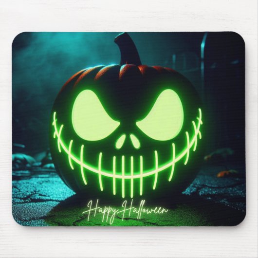 グリーン不気味白熱［赤熱］光を放つハロウィーンカボチャ マウスパッド (正面)