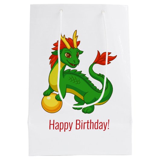 グリーン中国のドラゴン誕生日 ミディアムペーパーバッグ (裏面)