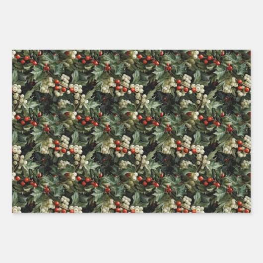 グリーン伝統的ホリーホリデイ ラッピングペーパーシート (正面)