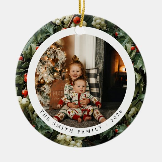グリーン伝統的ホリーホリデーフォト セラミックオーナメント (正面)