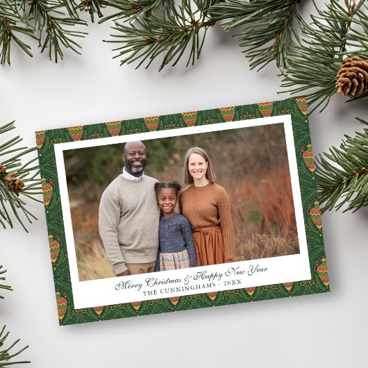 グリーン伝統的&レッドオーナメントホリデーフォト シーズンカード