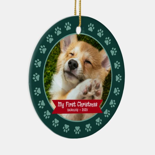 グリーン初めてのクリスマスペットパピーフォトポーズカスタム セラミックオーナメント (右)