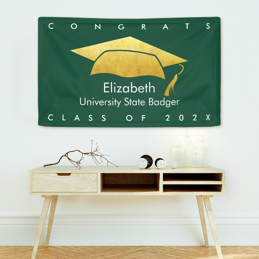 グリーン卒業はっきりしたモダンシンプル金ゴールドキャップ 横断幕