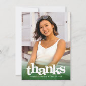グリーン卒業写真はっきりしたタイポグラフィモダン サンキューカード (正面)