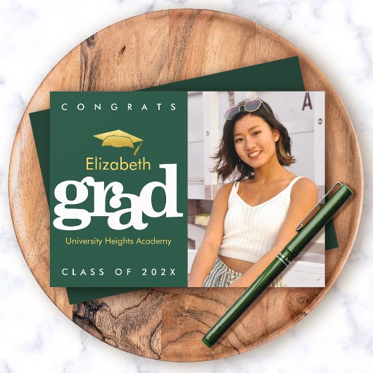 グリーン卒業写真金ゴールドキャップモダンはっきりしたタイプ 案内状