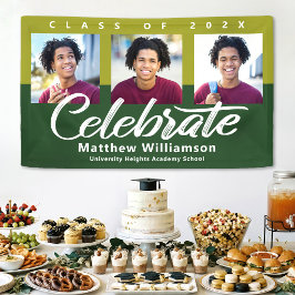 グリーン卒業式3枚フォトボールドスクリプトモダンシンプル 横断幕