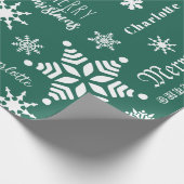 グリーン名前をカスタムするクリスマスホリデーススノー ラッピングペーパー (角)