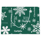 グリーン名前をカスタムするクリスマスホリデーススノー ラージペーパーバッグ (正面)