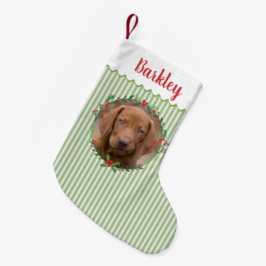 グリーン名前をカスタムするドッグ写真 スモールクリスマスストッキング (正面 (吊り時))