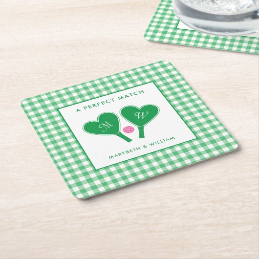 グリーン名門私立校風のとピンクの結婚ピックボール スクエアペーパーコースター (アングル)