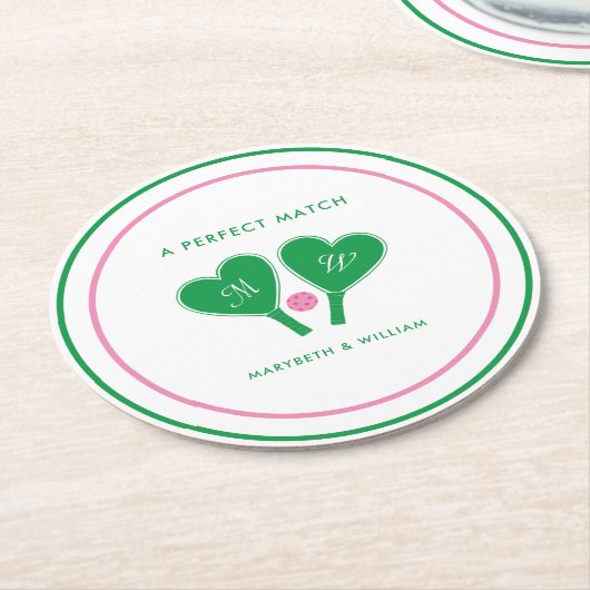 グリーン名門私立校風のとピンクの結婚ピックボール ラウンドペーパーコースター (アングル)