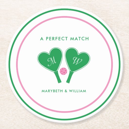 グリーン名門私立校風のとピンクの結婚ピックボール ラウンドペーパーコースター (正面)