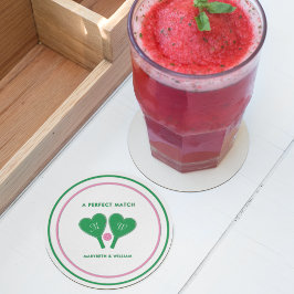 グリーン名門私立校風のとピンクの結婚ピックボール ラウンドペーパーコースター