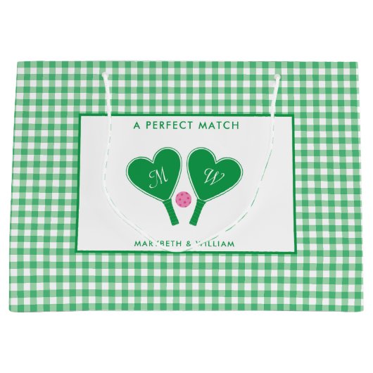 グリーン名門私立校風のとピンクの結婚ピックボール ラージペーパーバッグ (正面)