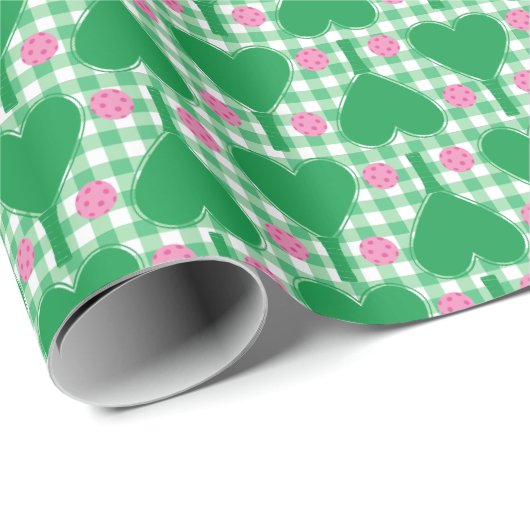 グリーン名門私立校風のとピンク結婚のジンガムの漬物 ラッピングペーパー (ロールコーナー)
