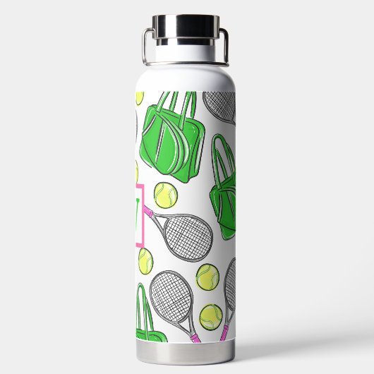 グリーン名門私立校風のピンクテニスラケットバッグボールイニシャル ウォーターボトル (背面)