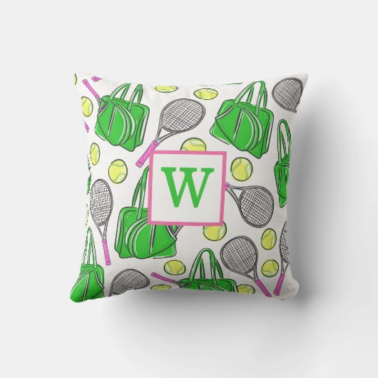 グリーン名門私立校風のピンクテニスラケットバッグボールイニシャル クッション (裏面)