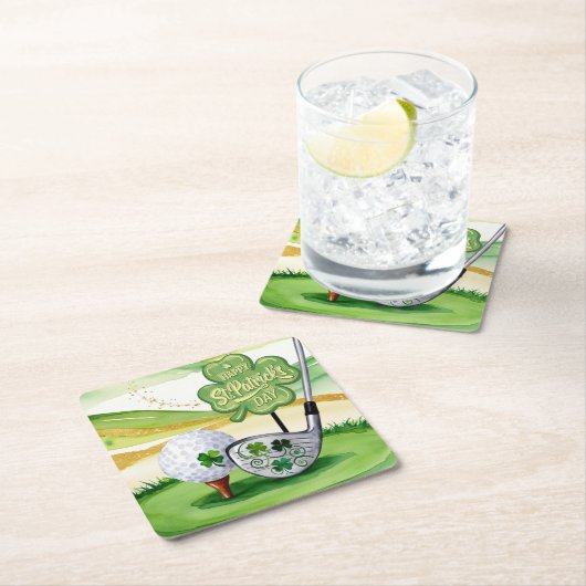 グリーン国旗を持つゴルファーのための聖パトリックの日 スクエアペーパーコースター (インサイチュ)