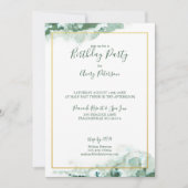 グリーン大理石グラデーション金ゴールドフレームユニセックス誕生日 招待状 (正面)