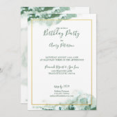 グリーン大理石グラデーション金ゴールドフレームユニセックス誕生日 招待状 (正面/裏面)