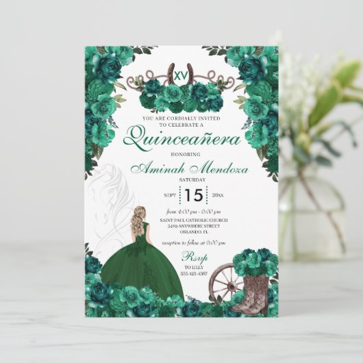 グリーン女性のカーボーイブーツランチチャラキンセアニラ 招待状 (スタンド正面)