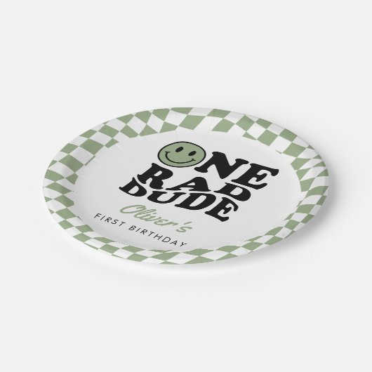 グリーン市松模様にスマイルワン素晴らしいデュード1歳の誕生日 ペーパープレート (アングル)