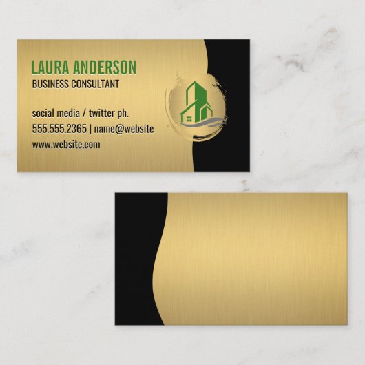 グリーン建物アイコン/金ゴールドモノグラム 名刺 (正面/裏面)