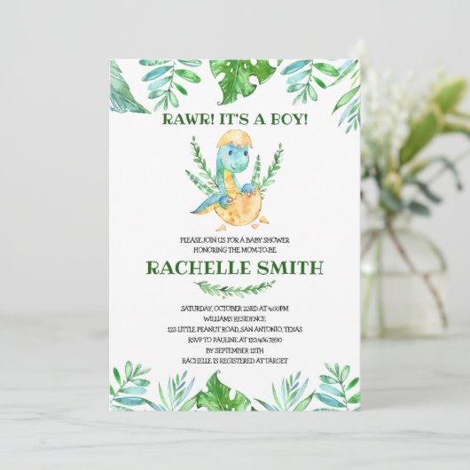 グリーン恐竜の赤ちゃんシャワー招待状 招待状 (スタンド正面)